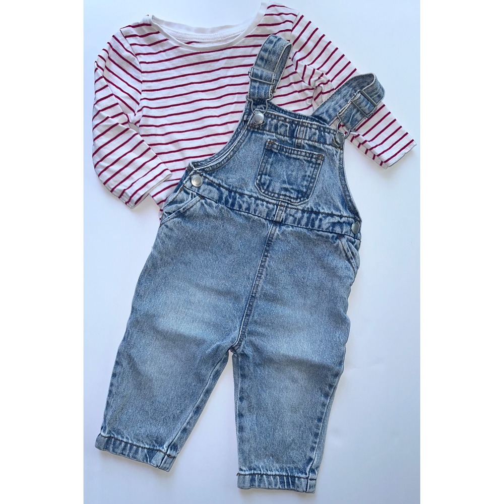 Primark Baby Red Striped Top &  Denim Overall‎ Set Size 6-9mo